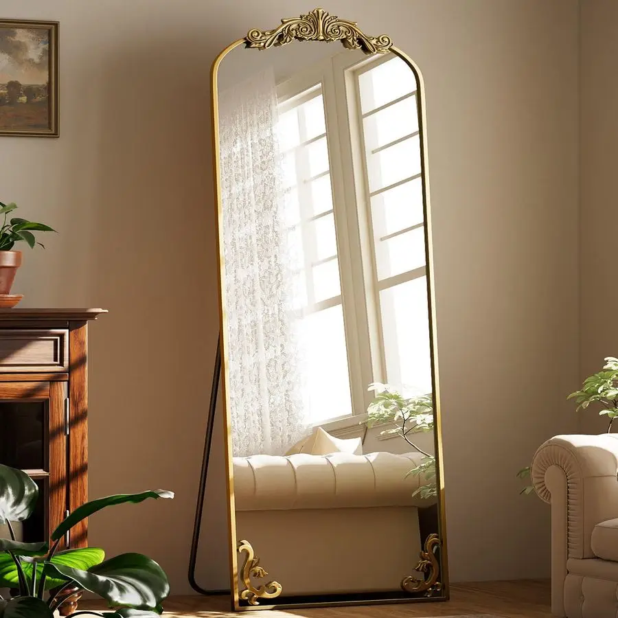 

21"x 64" Arched Full Length Mirror, Freestanding Floor Mirror with Carved Metal Frame amp Bottom Art Carved, Gold Full Body