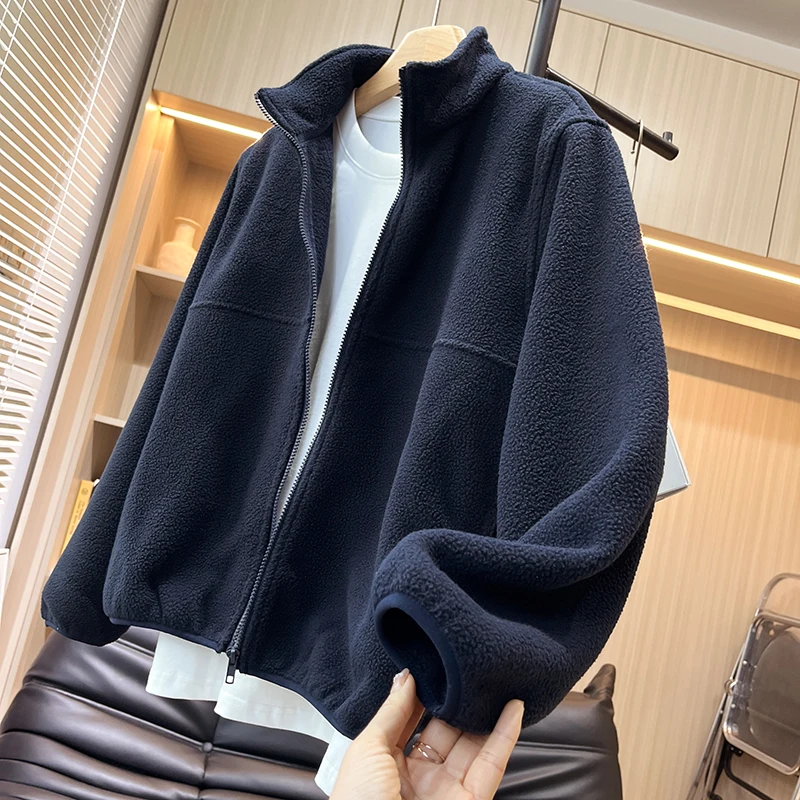 

Женская двусторонняя флисовая куртка с воротником-стойкой, ветрозащитная, теплая, самонагревающаяся, повседневная, из смесового хлопка и полиэстера, верхняя одежда