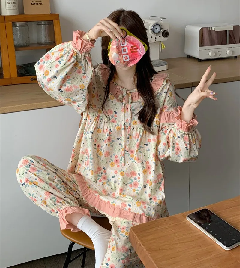 Flower Print Autumn Pajamas Set Women Ruffles Korean Two Piece Home Suit Kawaii Lace Up Sleepwear Cotton Homewear Sweet