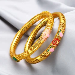 Fine gold AU999 bracelet enamel hollow lotus 24k real gold ethnic style trend wrist chain female hand jewelry