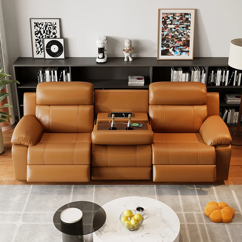 

Multifunctional intelligent double three-person home theater first-layer leather sofa