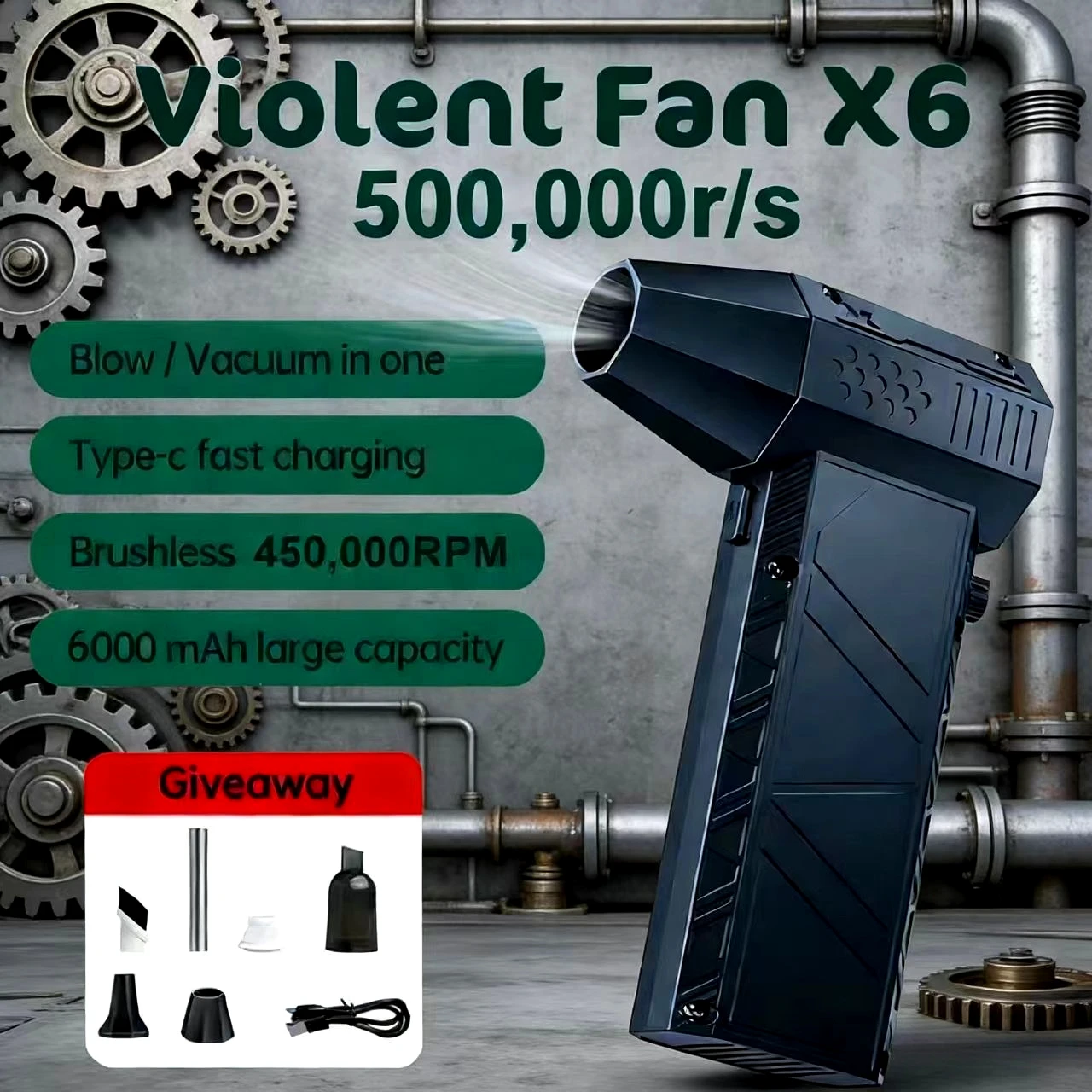 

X6 Мощный воздуходувка 550000 об/мин Бесщеточный жестокий вентилятор Пылесос Сильный ветер 53 м/с Турбоструйный вентилятор Перезарядка типа C
