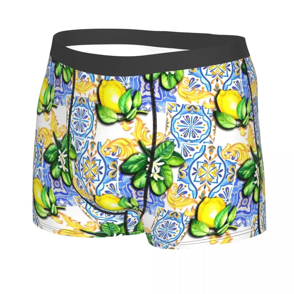 Custom Blue Tiles Lemons Summer Fruit Underwear Men Breathable Boxer Briefs Shorts Panties Soft Sexy Underpants For Homme