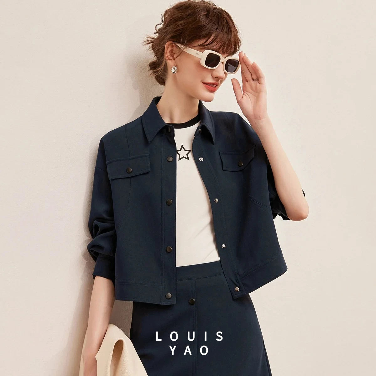 

LOUISYAO Workwear Style Pocket Jacket Women 2025 Spring Autumn Lapel Loose Non Stretch Coat Casual Streetwear Outerwear
