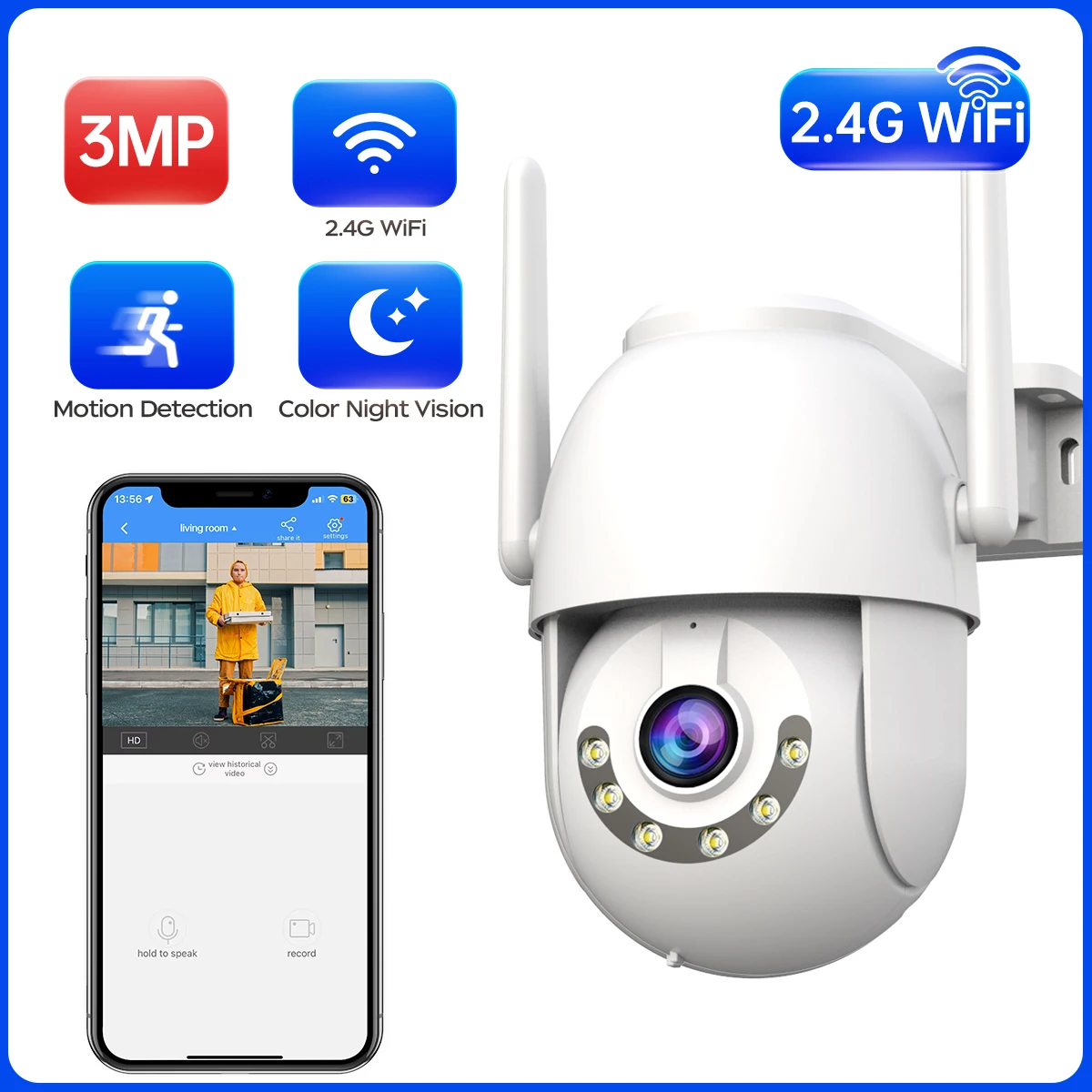 3MP HD Wifi PTZ Camera Outdoor Wireless Surveillance Camera 5X Digital Zoom Auto Tracking Color Night Security CCTV IP Camera