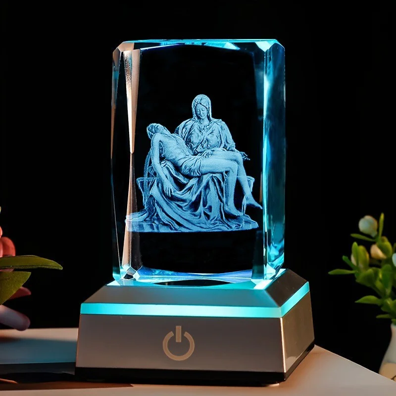 Christian Cross Open Bible 3D Engraved Crystal Block Night Light Color Changing LED Base Religious Souvenir Gift