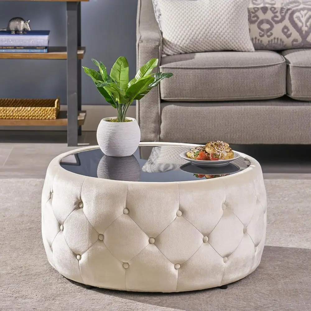 

Beige Velvet Button Tufted Ottoman with Tempered Glass Top - Modern Cocktail Table for Living Room