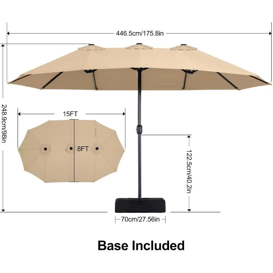 Ombrellone da esterno grande da patio bifacciale da 15 piedi con base resistente per protezione solare e parasole in giardini, cortili e piscine