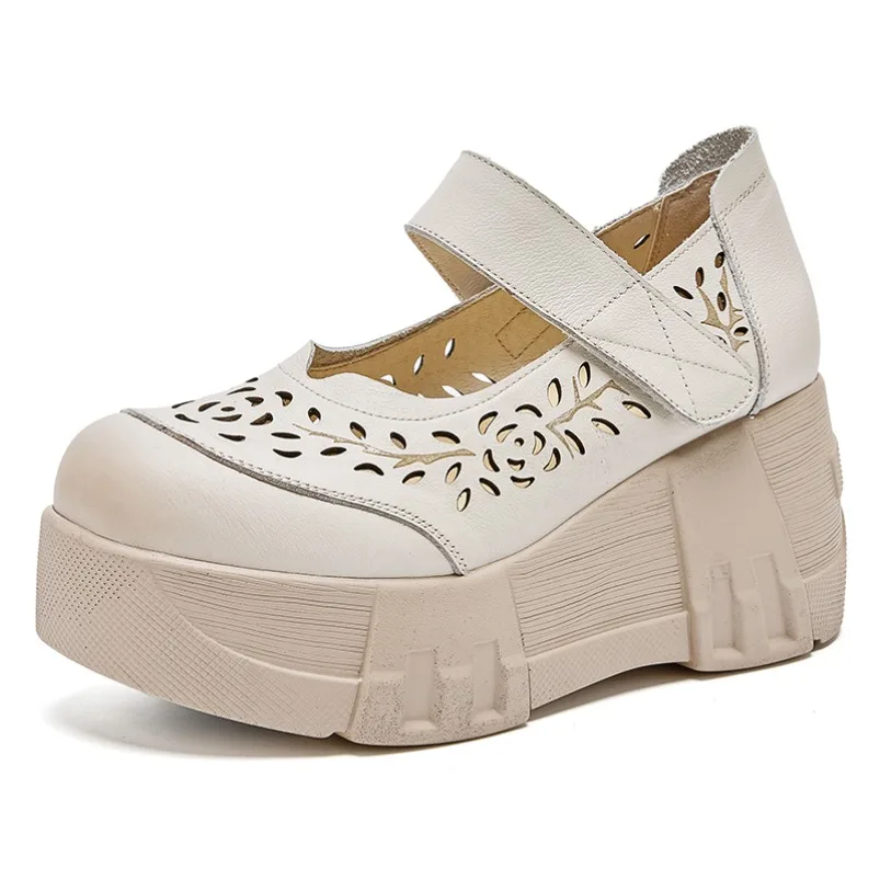 

Fujin 7cm Genuine Leather Mary Jane Shoes Hollow Luxury Hook Women Ladies Summer Round Sandals Platform Wedge Ethnic Cow