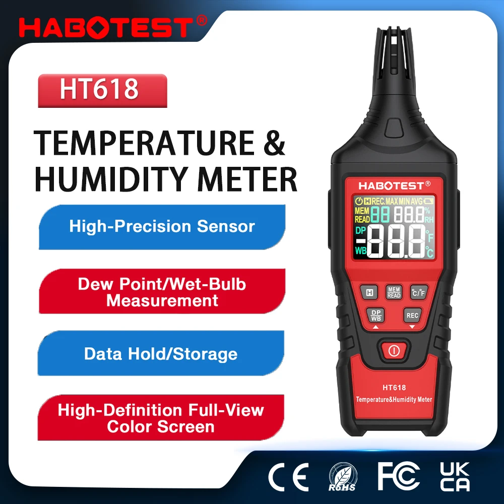 HABOTEST HT618 Digital hygrometer Temperature Humidity Meter digital industrial air temperature detector Gauge Pyrometers Tester