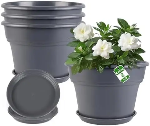 أوعية نباتات بلاستيكية مقاس 8 بوصات، 4 عبوات مع تصريف وصحون