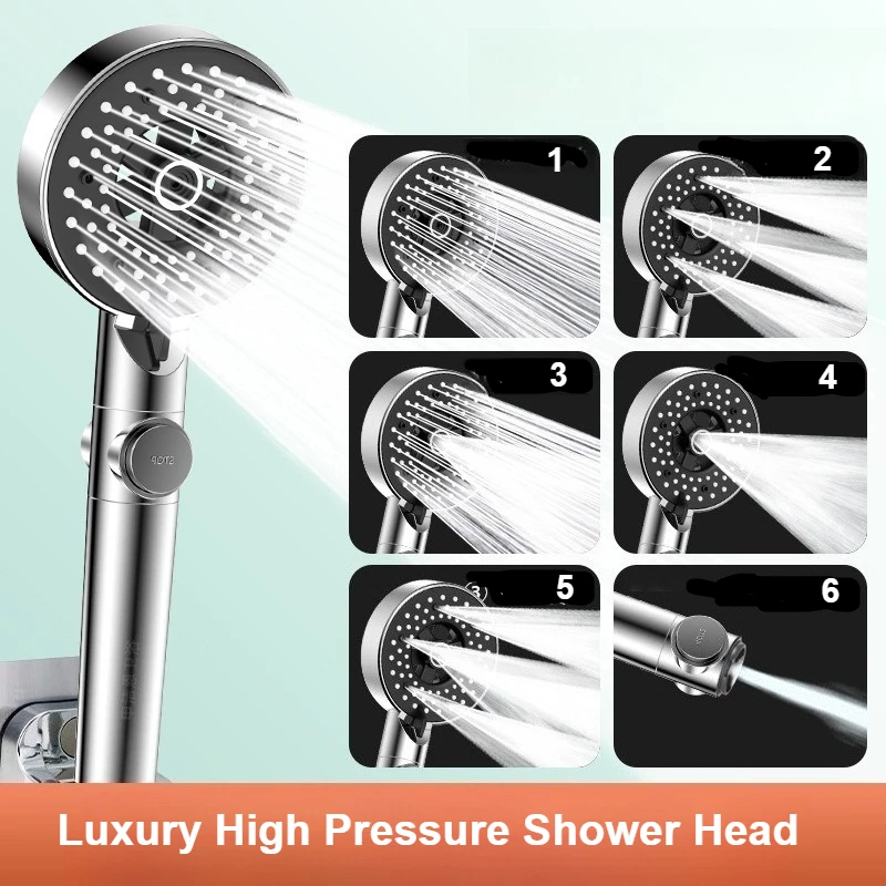 

Shower Head High Pressure Bathroom ShowerHead with 6 Spray Modes Shower Accessories Large Panel Filter Shower Nozzle