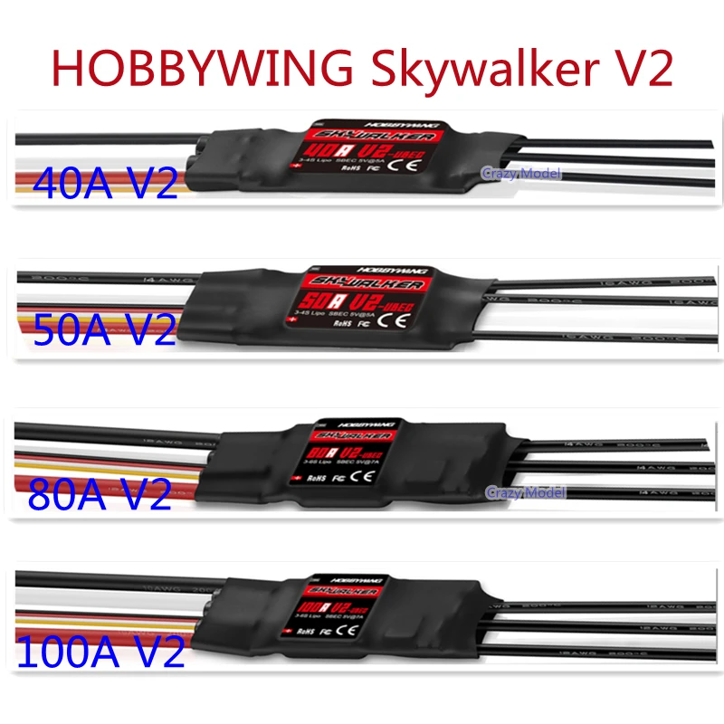 

Hobbywing NEW Skywalker V2 40A V2 50A V2 3-4S / 80A V2 100A V2 3-6S LiPo 5V UBEC ESC 96 МГц 32-бит ARMMO для радиоуправляемого самолета