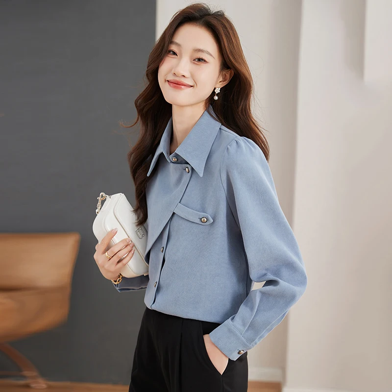 Korean Irregular Blue Blouse Women 2024 Spring New Sanding Fabric Long Sleeve Blouses for Woman Loose Shirt Top Blusas Mujer