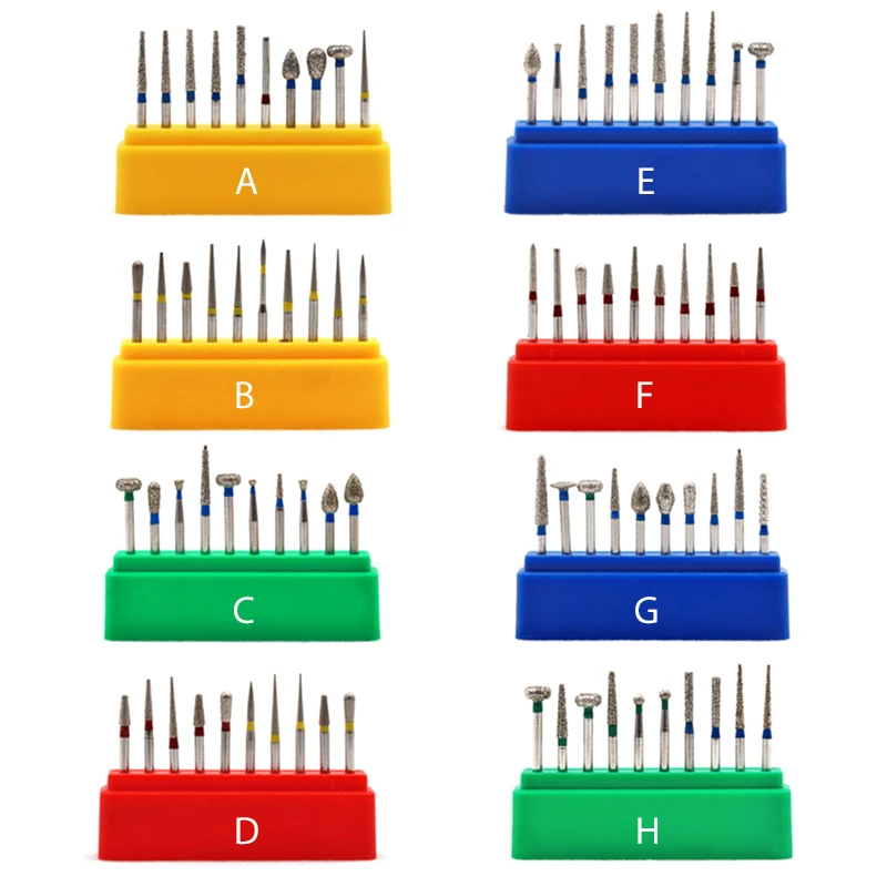 10pcs Dental Diamond Burs Drill Set for High Speed Handpiece Dentist Polish Tools Teeth Porcelain Ceramics Composite Polishing