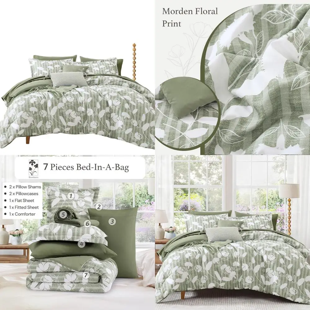 

Комплект одеял королевы с цветочным принтом Sage Green из 7 предметов: всесезонное постельное белье с ботаническим принтом