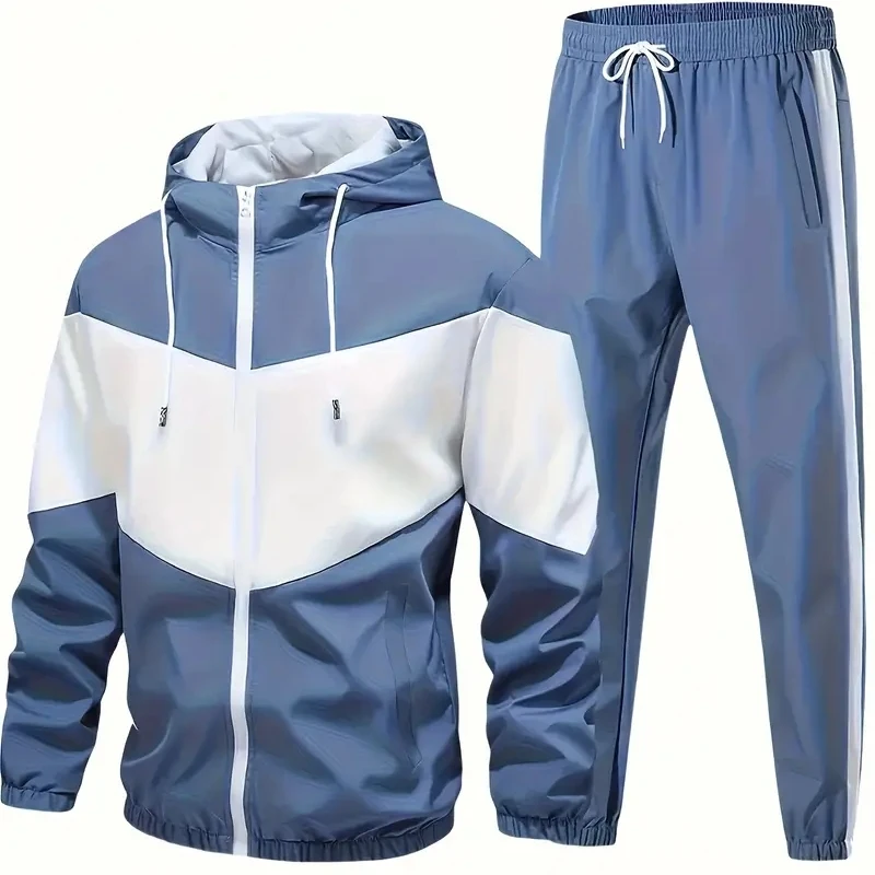 

2025 New Spring Autumn Hooded Color Blo Men's Casual Faion Sweatirt Two-Piece Set Youth Polyester Long Sve Long Pants