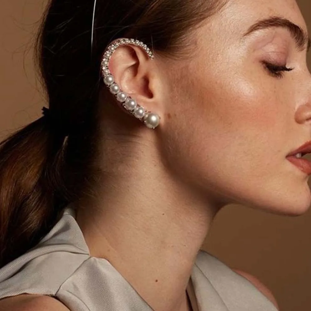 Stonefans klip telinga mutiara tanpa tindik, anting-anting klip bungkus penutup telinga pengantin aksesori Vintage elegan modis