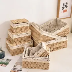 Multi-Purpose Rattan Storage Baskets with Lid Imitation Rattan Desktop Sundries Organizer Home Decoration