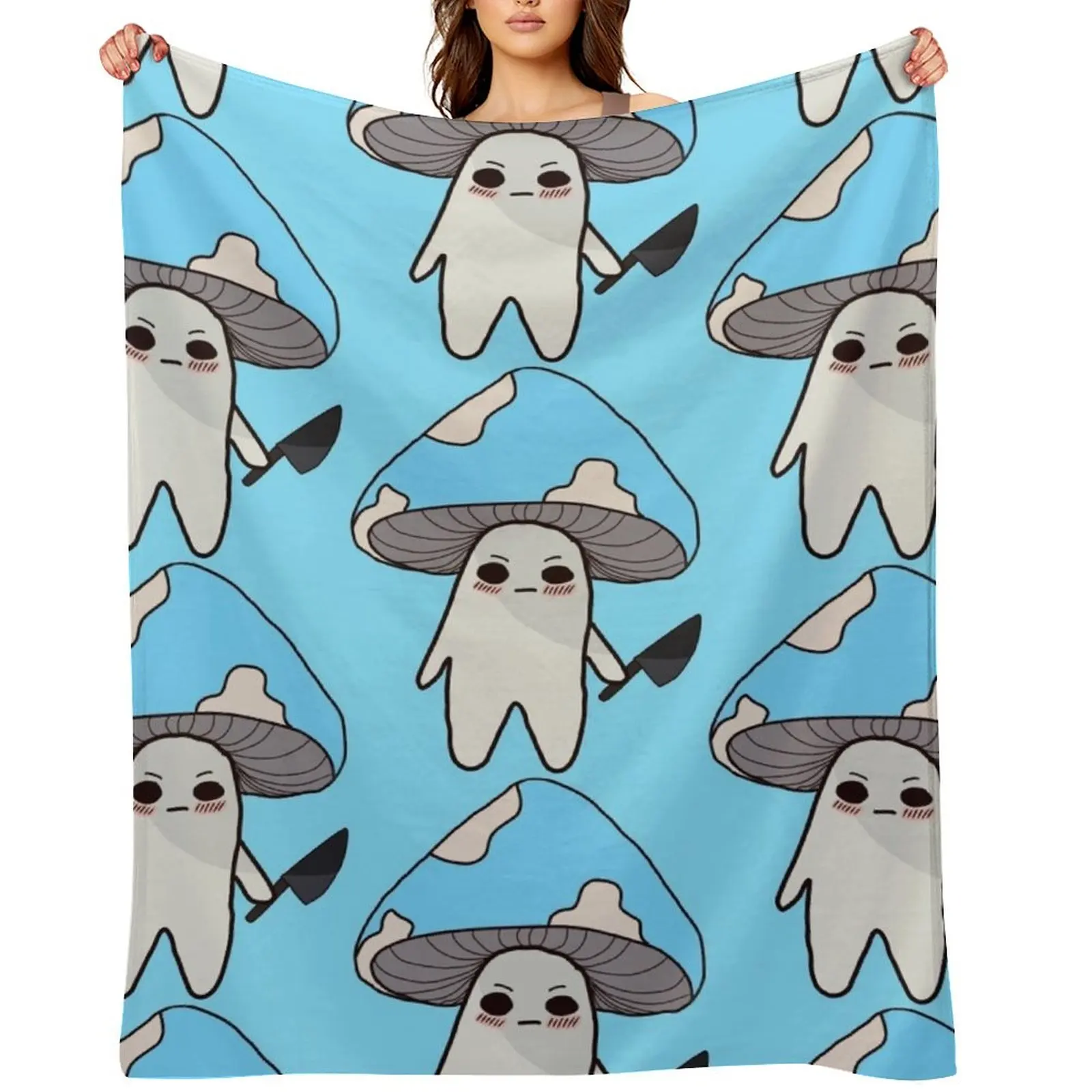 Light Blue Mushroom Holding a Knife Throw Blanket Hair Plaid Bed Fashionable Blankets
