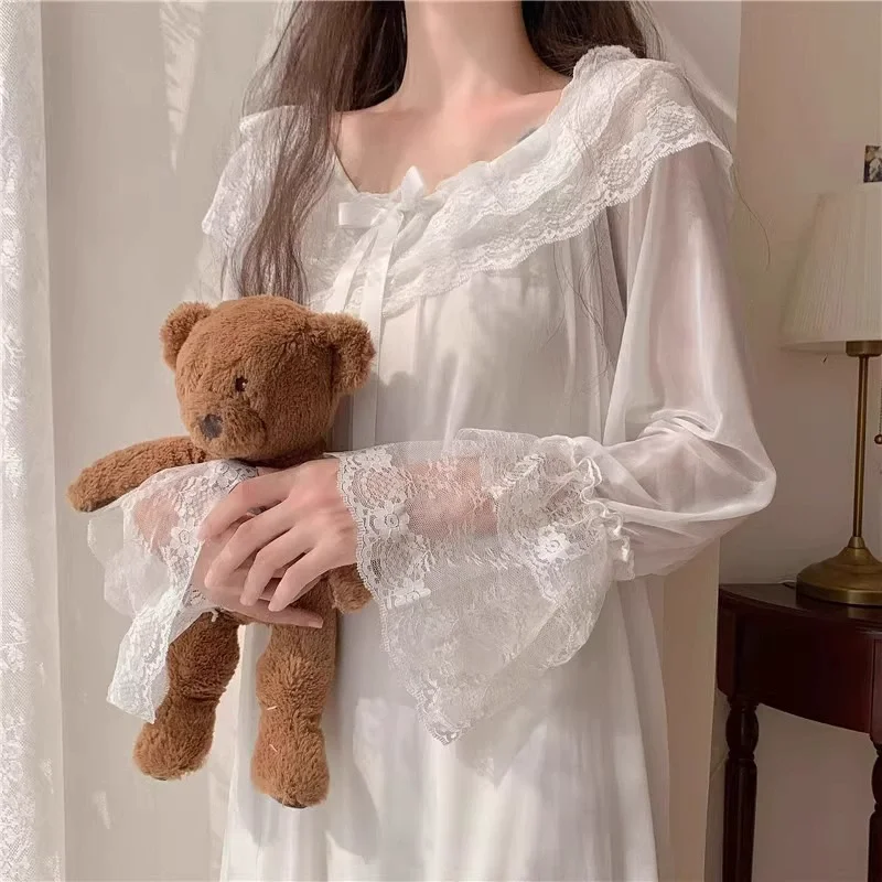 

Милая Осенняя сетчатая ночная рубашка, женская ночная рубашка с длинным рукавом и V-образным вырезом, однотонная длинная ночная рубашка, ночная рубашка принцессы, одежда для сна