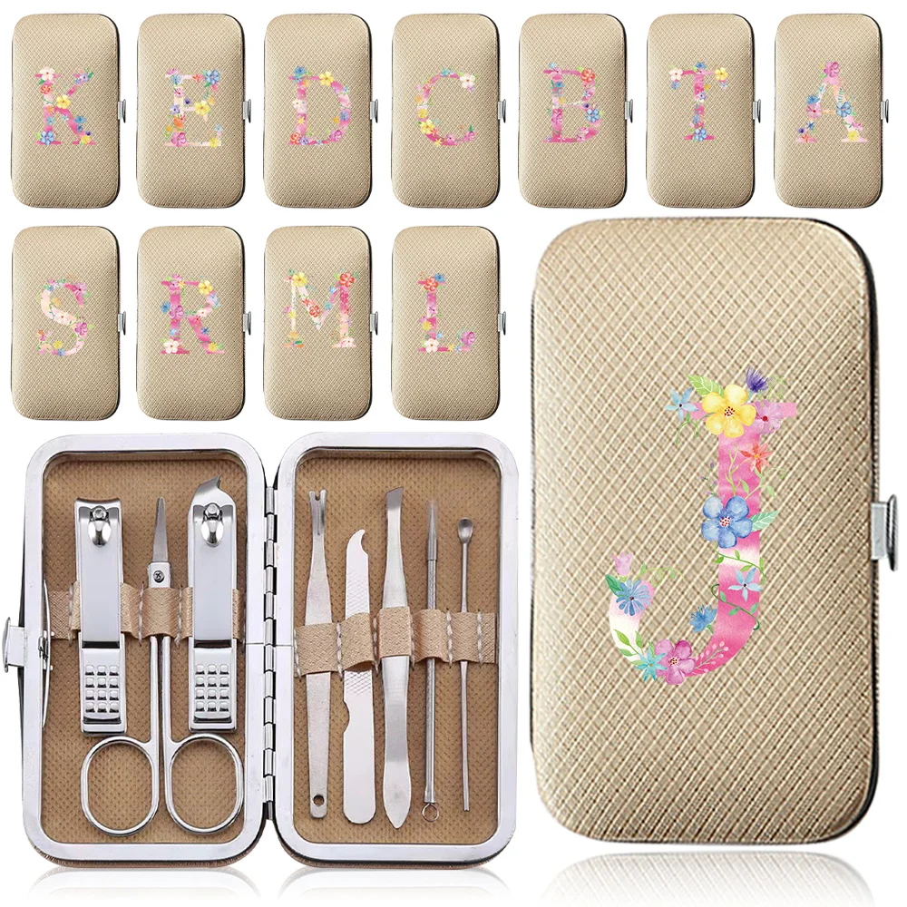 

8Pcs Manicure Set Nail Clippers Kit Portable Case Pedicure Care Tool Pocket Nipper Trimmer Cutters Organizer Pink Letter Pattern