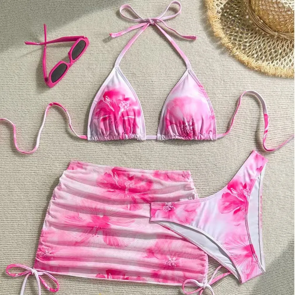Conjunto de Bikini Sexy de 3 piezas para mujer, traje de baño dividido estampado con correa para el cuello, traje de baño con falda cubierta, traje de baño Biquine Brasileiro
