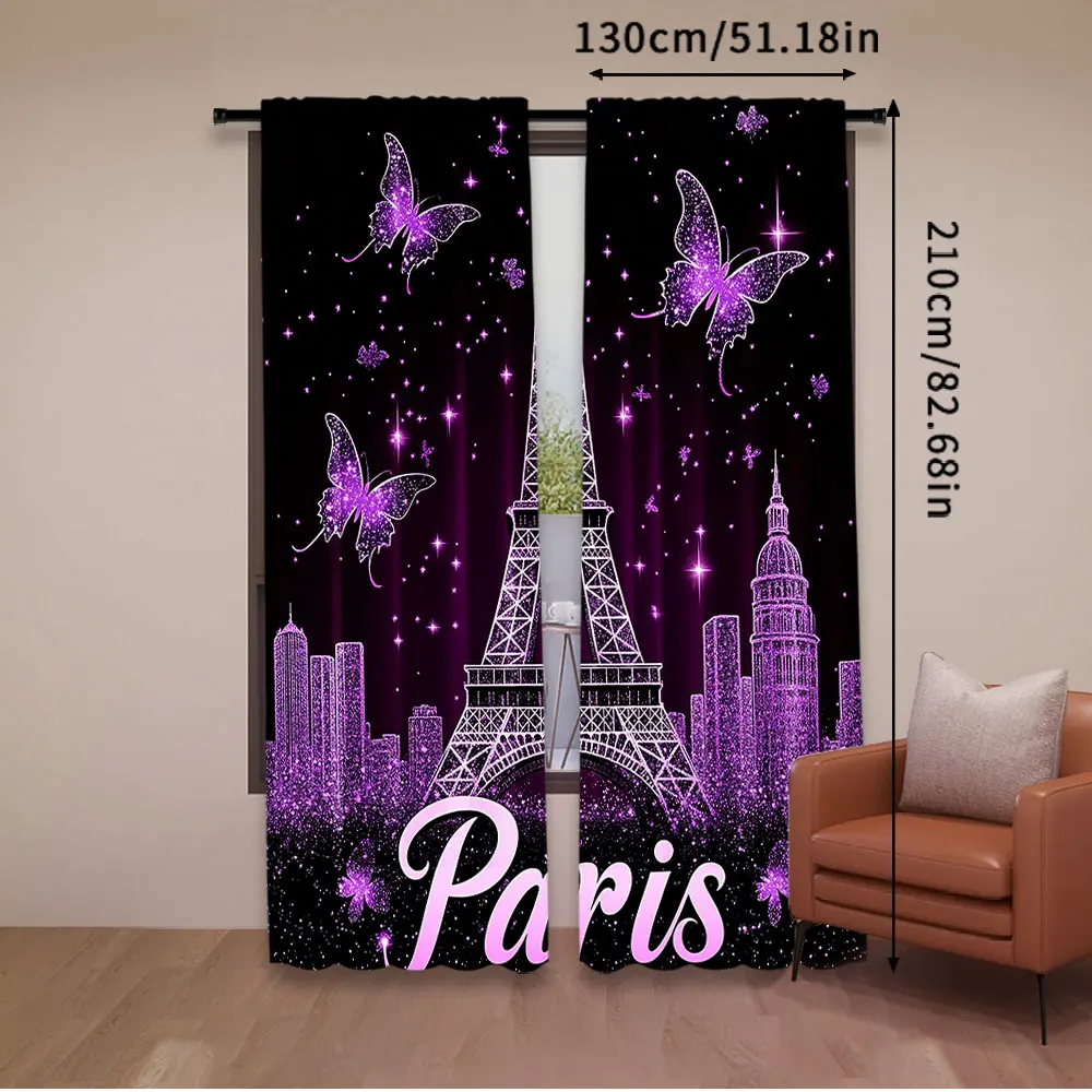 2Pcs Paris Eiffel Tower Curtains Curtains Adults Butterfly Florals Fashion Purple Romantic Suitable For Living Room Bedroom