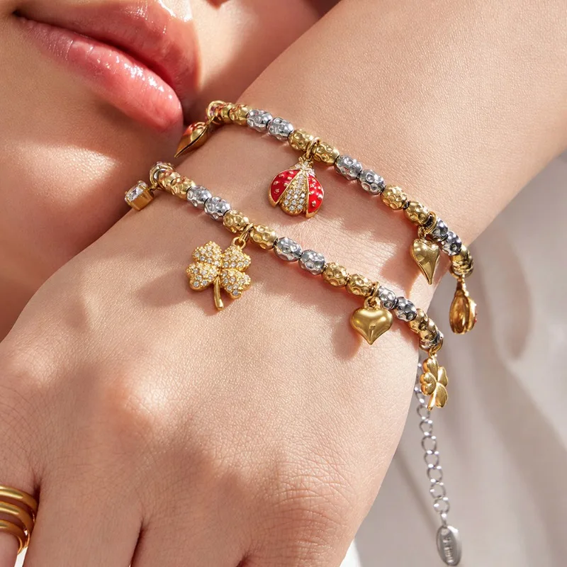 Vintage Ladybug four petal flower Bracelet Gold Tone Enamel Waterdrop Pendant Tassel Bracelet Ladies Fashion Stack Accessories