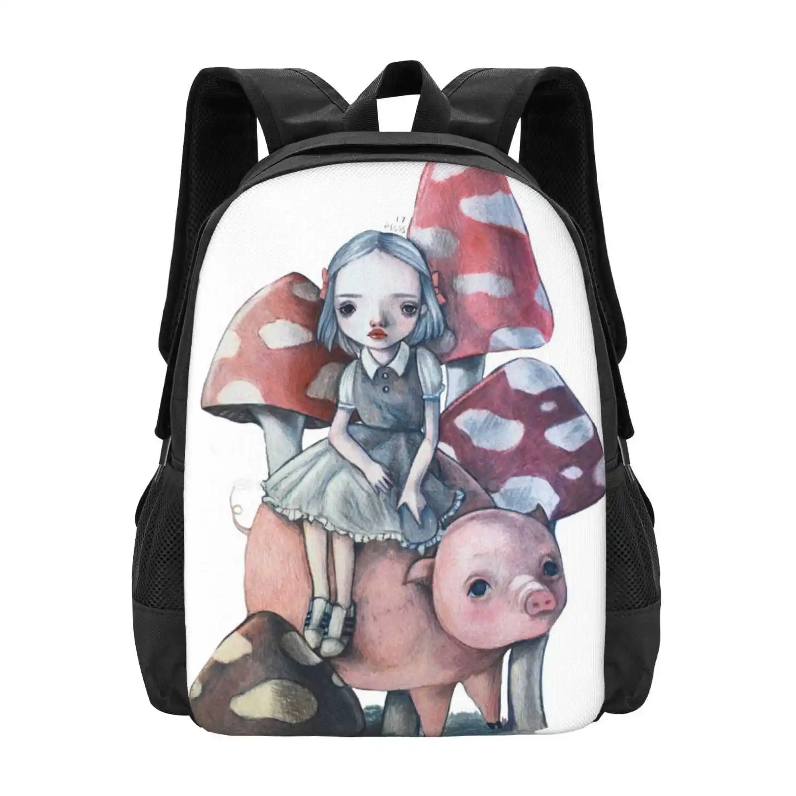 A Girl And Her Pig New Arrivals Unisex Bags Student Bag Backpack Pig Pigss Mushrooms Pop Surrealism Illustration Fantasy