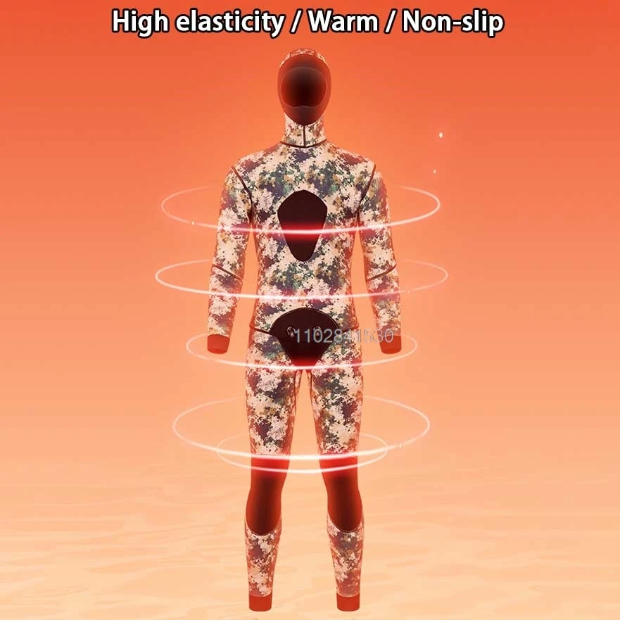 3mm Camouflage Wetsuit Long Sleeve Hooded 2 Pieces Set Neoprene For Men Keep Warm Scuba Diving Suit Cold Water Swimsuit
