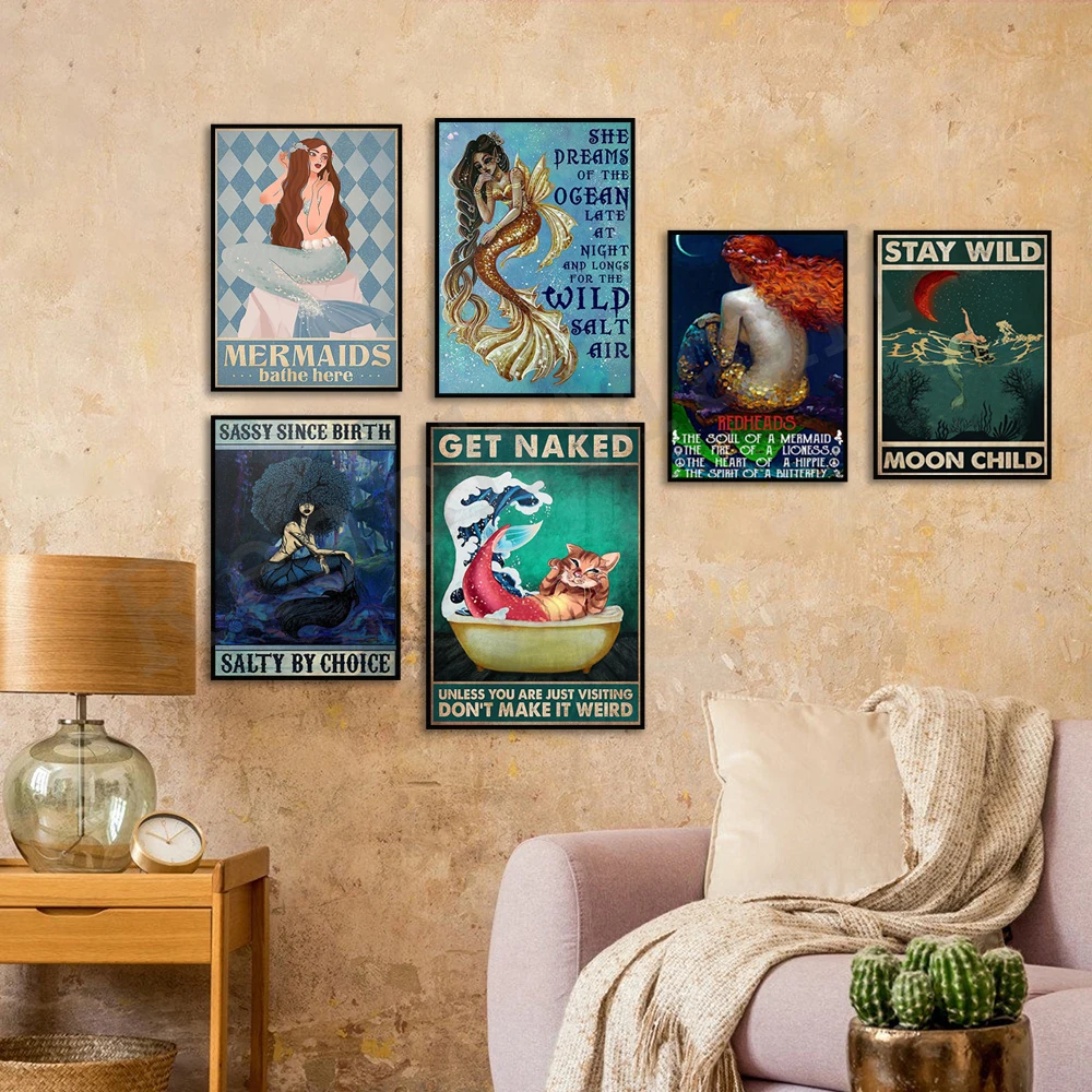 Mermaid bathing here, mermaid with redhead inspiration quote, be a mermaid, make waves, retro mermaid ocean sea blue poster gift