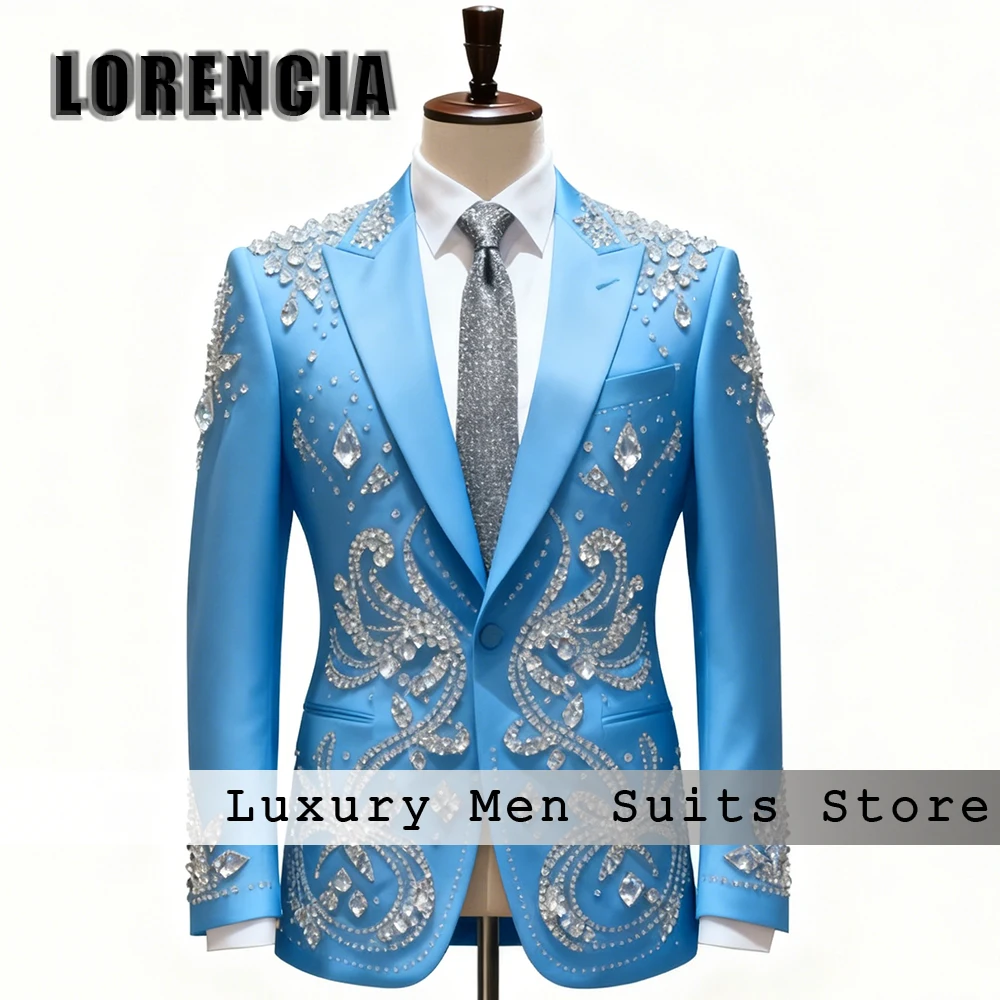 

Magnificent Diamond Men Suits 2 Pieces Single Breasted Crystal Wedding Groom Tuxedos Customized Blazer Pants costume homme luxe