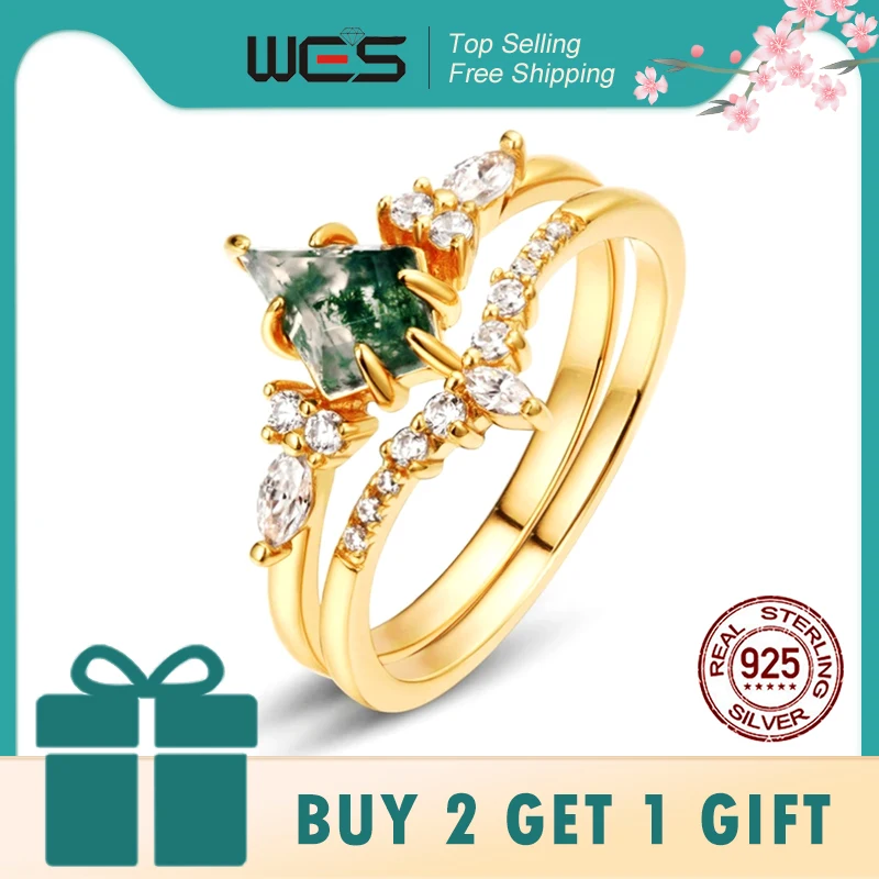 

WES стерлингового серебра 925 пробы, огранка воздушного змея, натуральный моховый агат, золотые кольца, наборы для женщин, свадебный комплект, подарок на день Святого Валентина, ювелирные изделия оптом