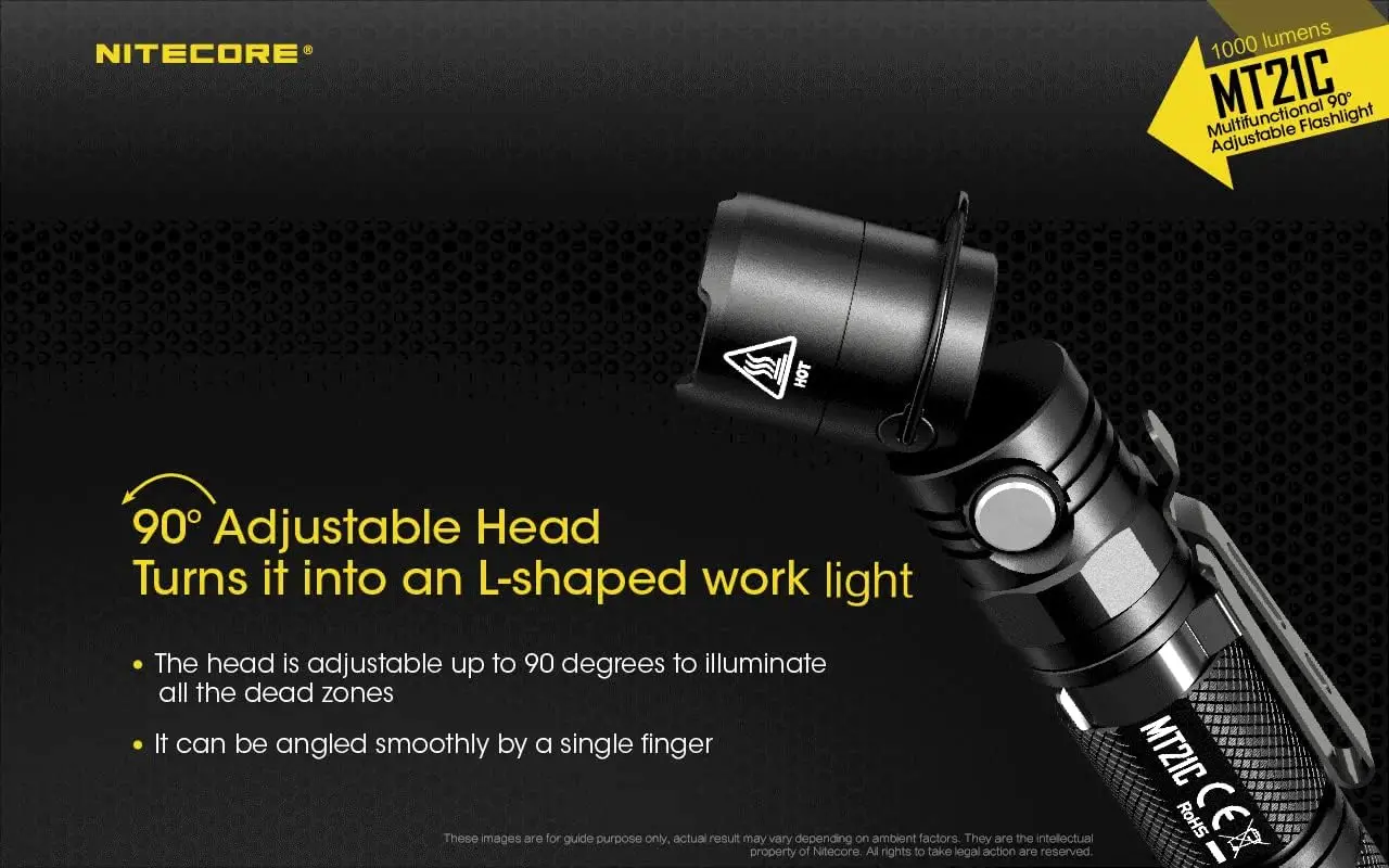 1000 Lumen USB Rechargeable LED Flashlight with Tiltable Head and Holster for Professional Use