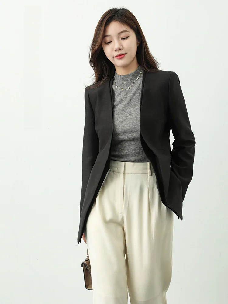 

Женский шерстяной костюм-пиджак с V-образным вырезом, приталенный, из плотного шелково-хлопкового смешанного материала, для повседневной носки, простой, длинный, с рукавами-фонариками