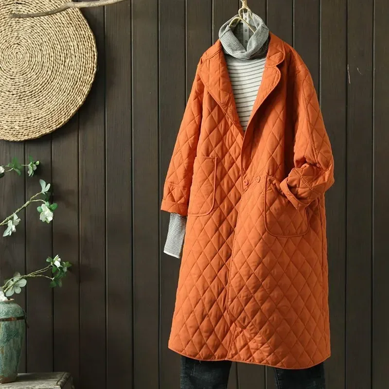 

2024 Pocket Solid Women Parkas Winter New Orange Straight Warm Thicken Knee-Length Female Outwear Coats Tops