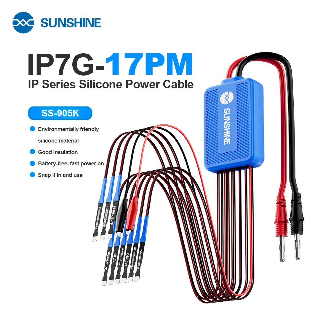 

Кабель для тестирования питания SUNSHINE SS-905K с силиконовой изоляцией для ремонта телефонов iPhone 6-17 ProMax, инструмент для проверки блока питания
