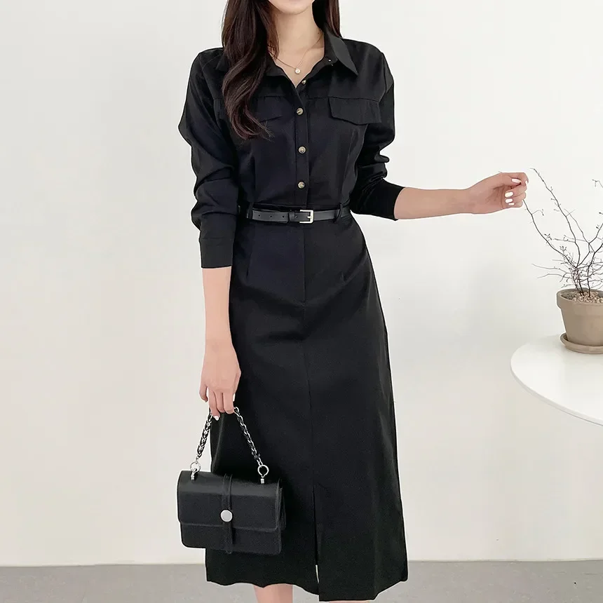 REALEFT Autumn Winter Vintage Women\'s Straight Midi Dresses with Belted 2024 New Long Sleeve Single Breasted Shirt Dress Female