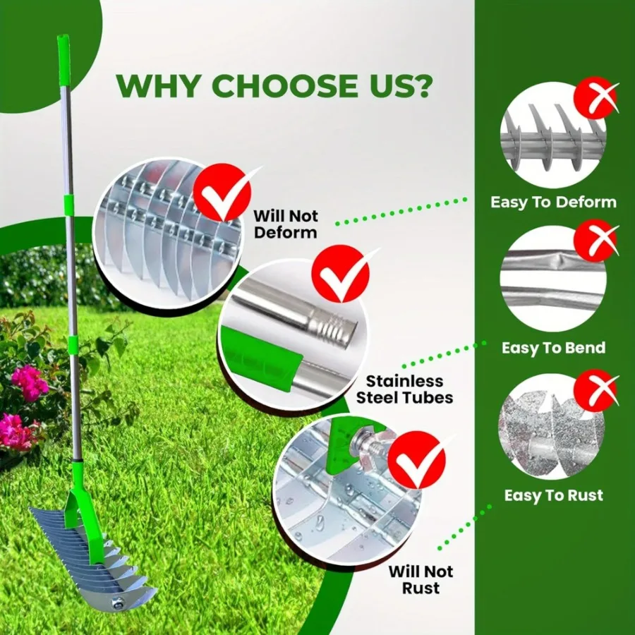 Rake Thatch Rake Dethatcher Lebar 12.8 Inci untuk Membersihkan Rumput Mati Rake Rumput Logam Baja Efisien dengan Baja Tahan Karat H