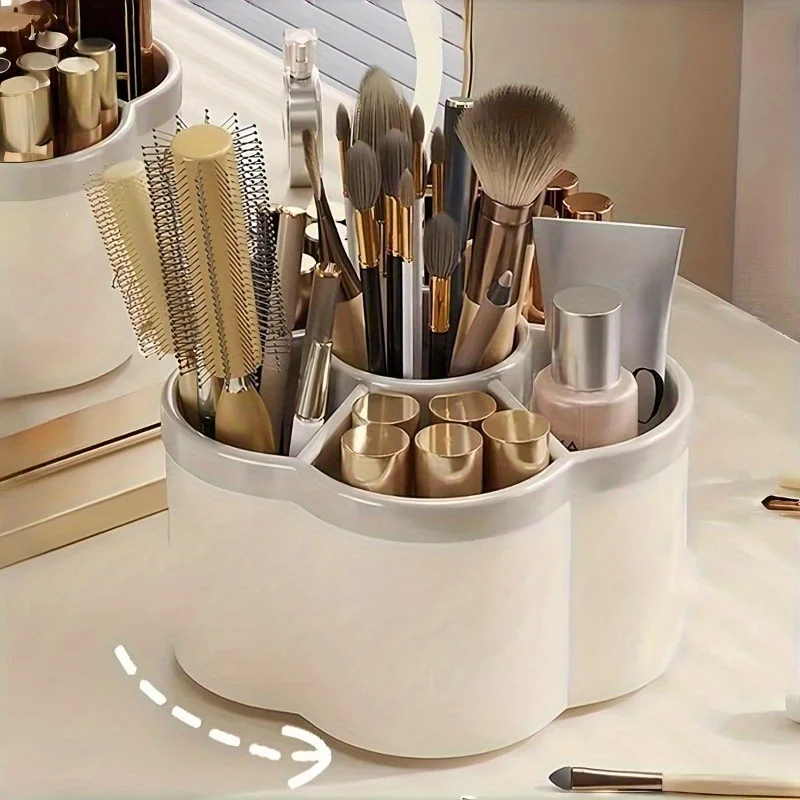 360-degree rotating desk organizer, 6-compartment plastic office supply storage box, makeup brush and pen holder, desk organizer