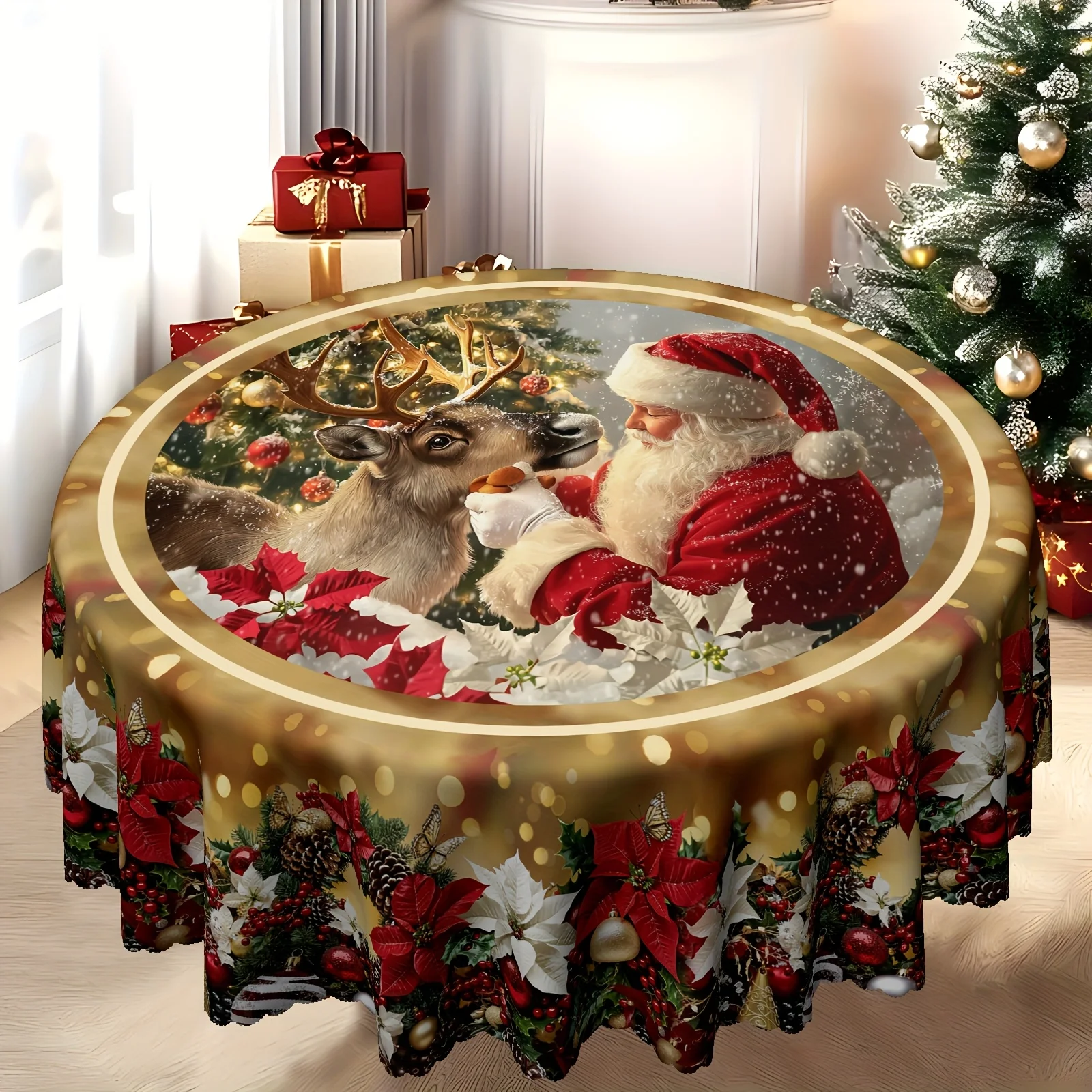 1pc Warm Christmas Tablecloth - Santa Claus and Reindeer Snowscape Print, with Floral Border Designzyc