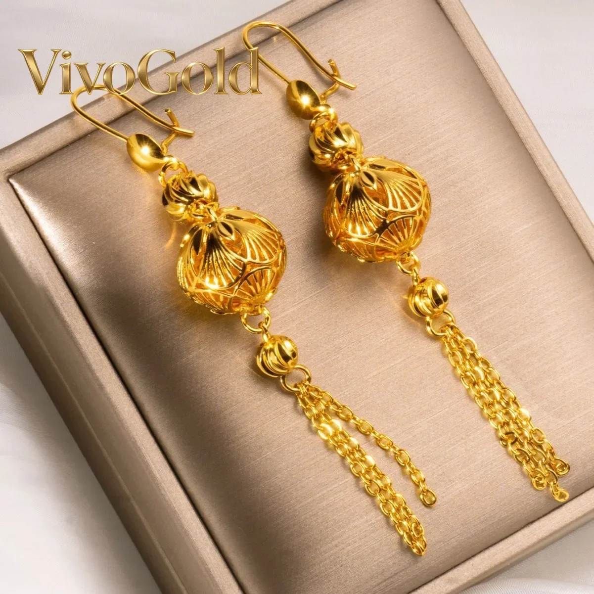 

VivoGoldMiddle Eastern Bride 9999 24K Real Gold Long Tassel Earrings Simple and Atmospheric Round Bead Tassel Earrings