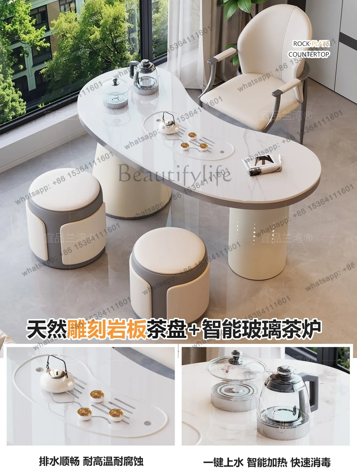 yj58 2025 new high-end white rock slab tea table kettle integrated embedded 3