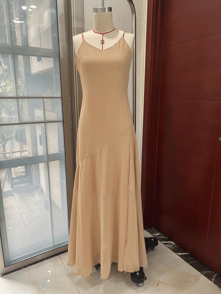 Ruffle Cloak long V-neck Spaghetti Straps Low Back Long Formal Evening Dress Apricot