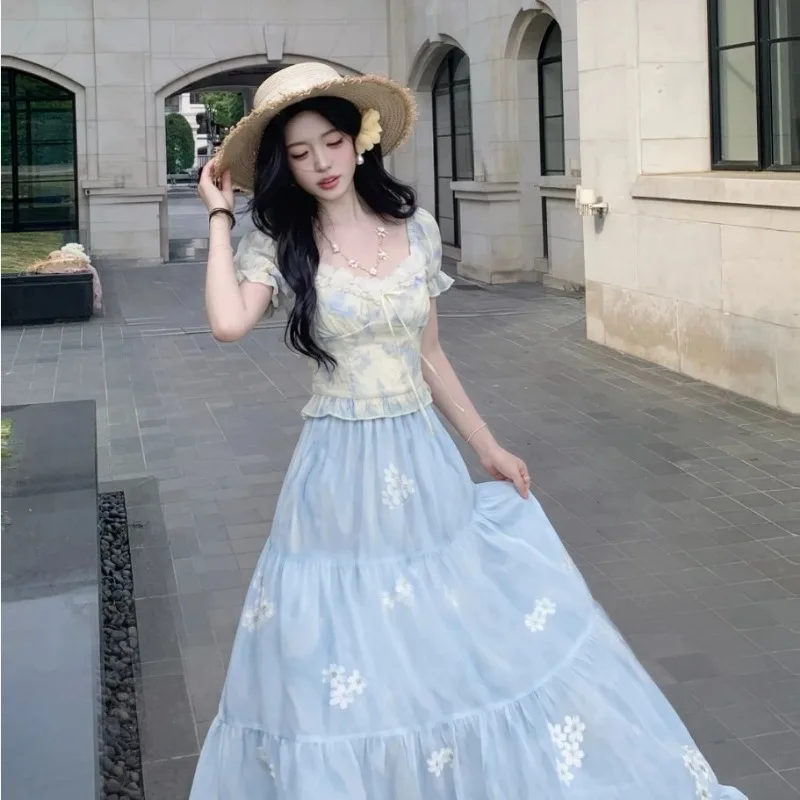 Women Fresh Square Neck Tie-dye Print Puff Sleeve Top & Tiered Cake Long Skirt Two Piece Outfit S-XXL