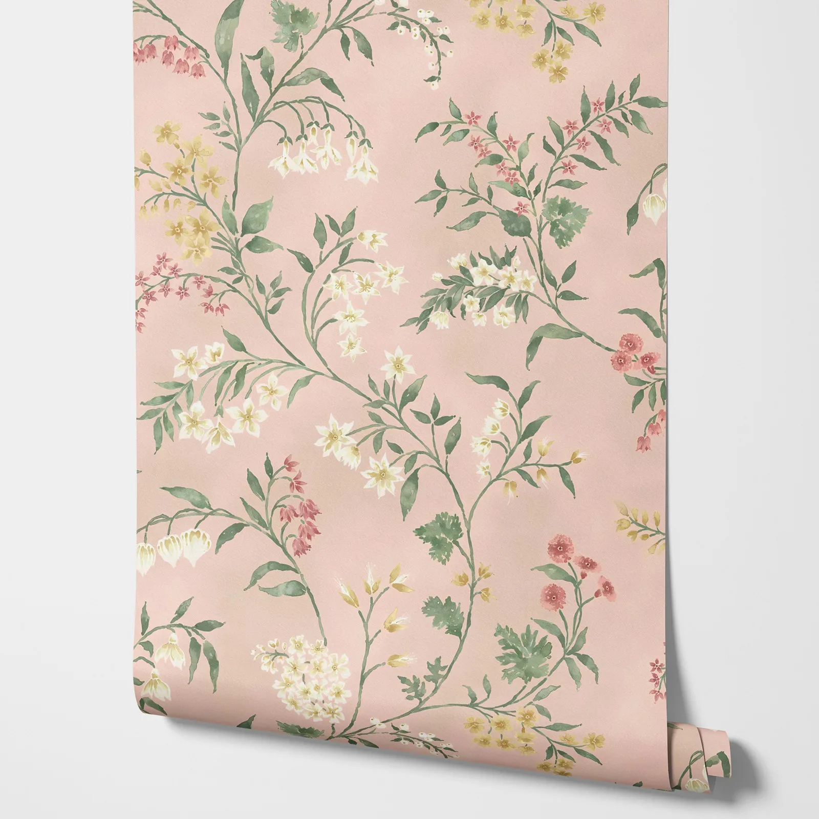 Almora Wallpaper, delicate floral wall paper with featuring bell flowers and fuchsias in dusty pink back