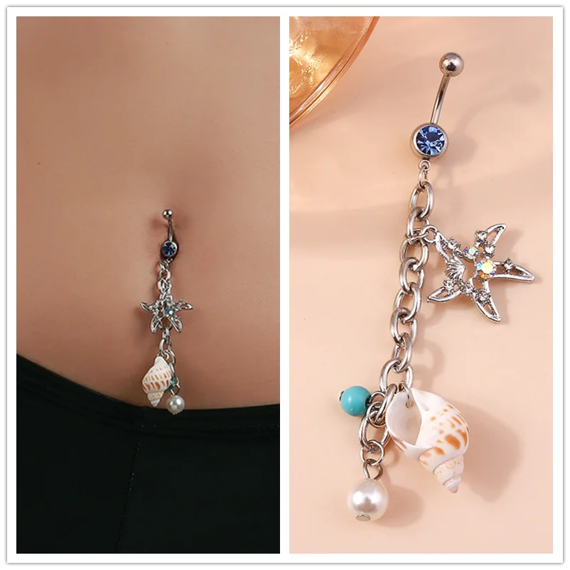 Aihua Fashion Animal Heart Shell Moon Eye Crystal Bell Button Rings for Women Piercing Navel Button Rings Sexy Body Jewelry