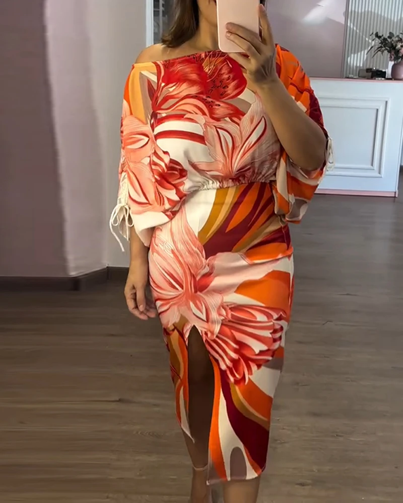 กระโปรงสตรี 2 ชิ้นชุดพิมพ์ลายดอกไม้ปิดไหล่ด้านข้าง Drawstring Crop Top & Casual เอวสูง Bodycon Slit ชุดกระโปรง