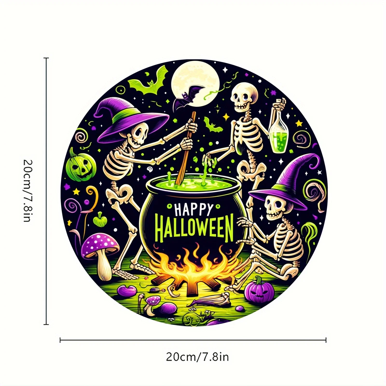 Happy Halloween Witch and Skeletons Brewing Potion Aluminum Round Metal Sign, 1-Pack, Wall Decor for Home, Bar, Kitchen, Hotel,